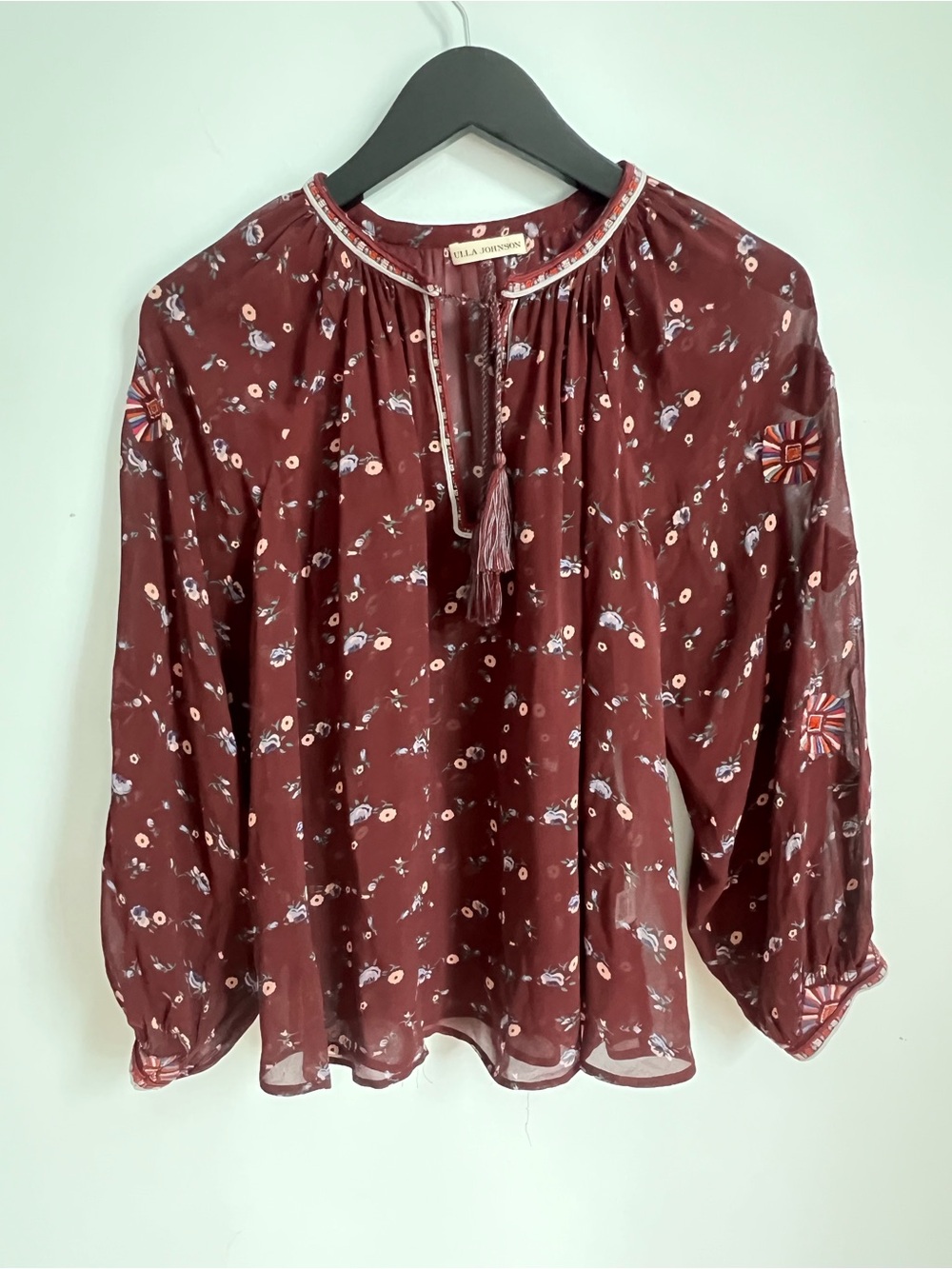 ULLA JOHNSON $390 100% silk burgundy embroidered blouse top XS